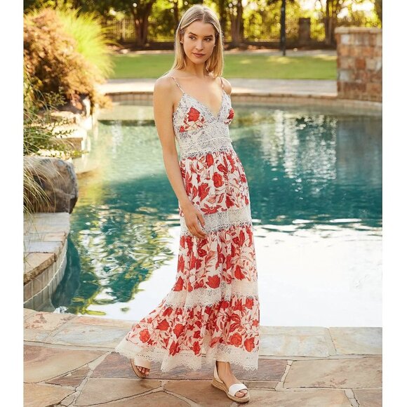 NWT Antonio Melani Red Orange and Ivory Floral Maxi Dress with Lace Size 2 - Picture 2 of 9